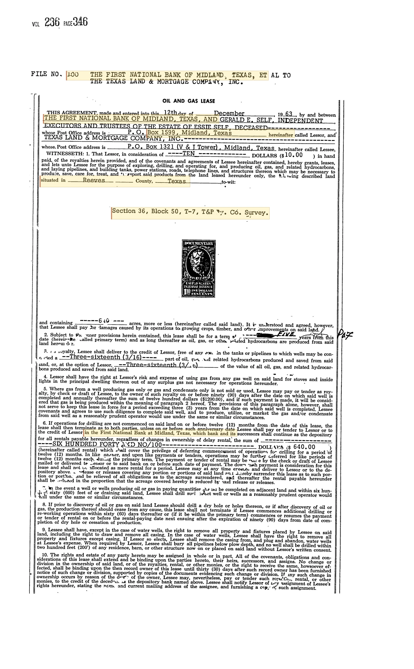 First National Bank of Midland, Trustee - Recorded Oil, Gas And Mineral Lease (Doc #24687032)