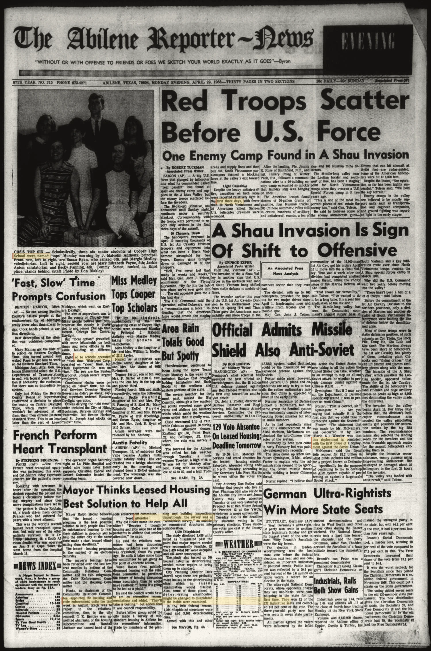 The Abilene Reporter-News (Abilene, Tex.), Vol. 87, No. 315, Ed. 2 Monday, April 29, 1968
