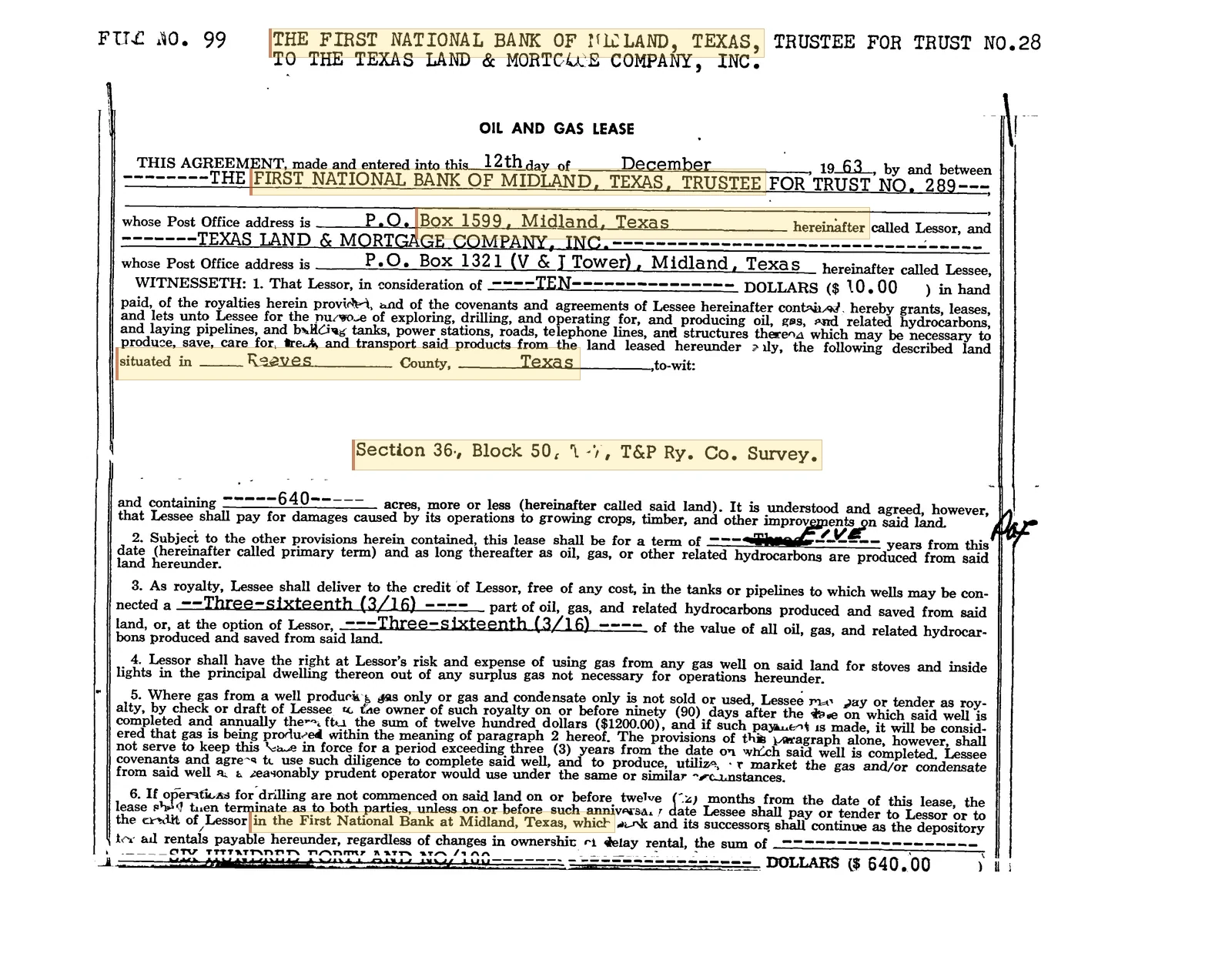 First National Bank of Midland, Trustee - Recorded Oil, Gas And Mineral Lease (Doc #24687035)